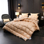 Side view of quilted goose down comforter draping elegantly over the bed – plush, airy, and warm | LINKORI