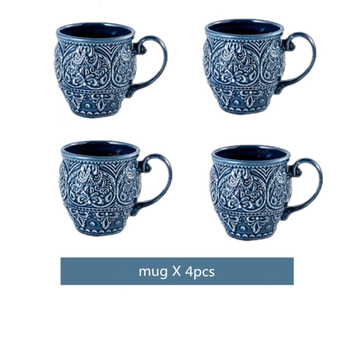 Set of 4 matching deep blue ceramic mugs from Gratique – microwave and dishwasher safe