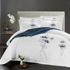 LINKORI Opisera 4-piece navy floral duvet cover set in white, crafted in 100% Egyptian cotton with minimalist elegance

