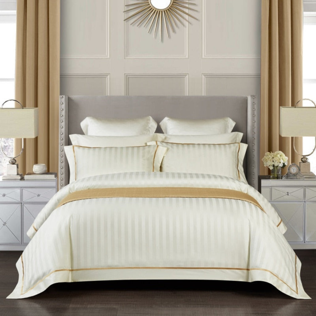 Full view of LINKORI Gradiol S. Beige Egyptian Cotton Duvet Cover Set styled in an elegant minimalist bedroom, showcasing the complete 4-piece bedding ensemble.