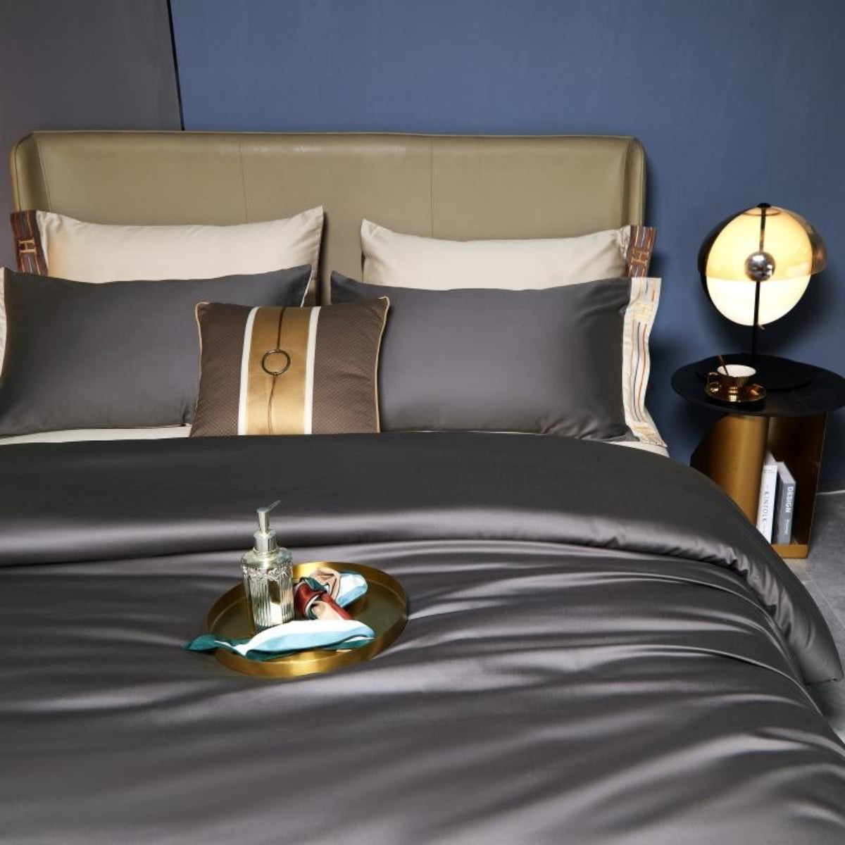 hotel-inspired bedroom close-up of grey satin duvet cover and two pillows Egyptian cotton bedding with cream-gold border detail | LINKORI Grey Satin