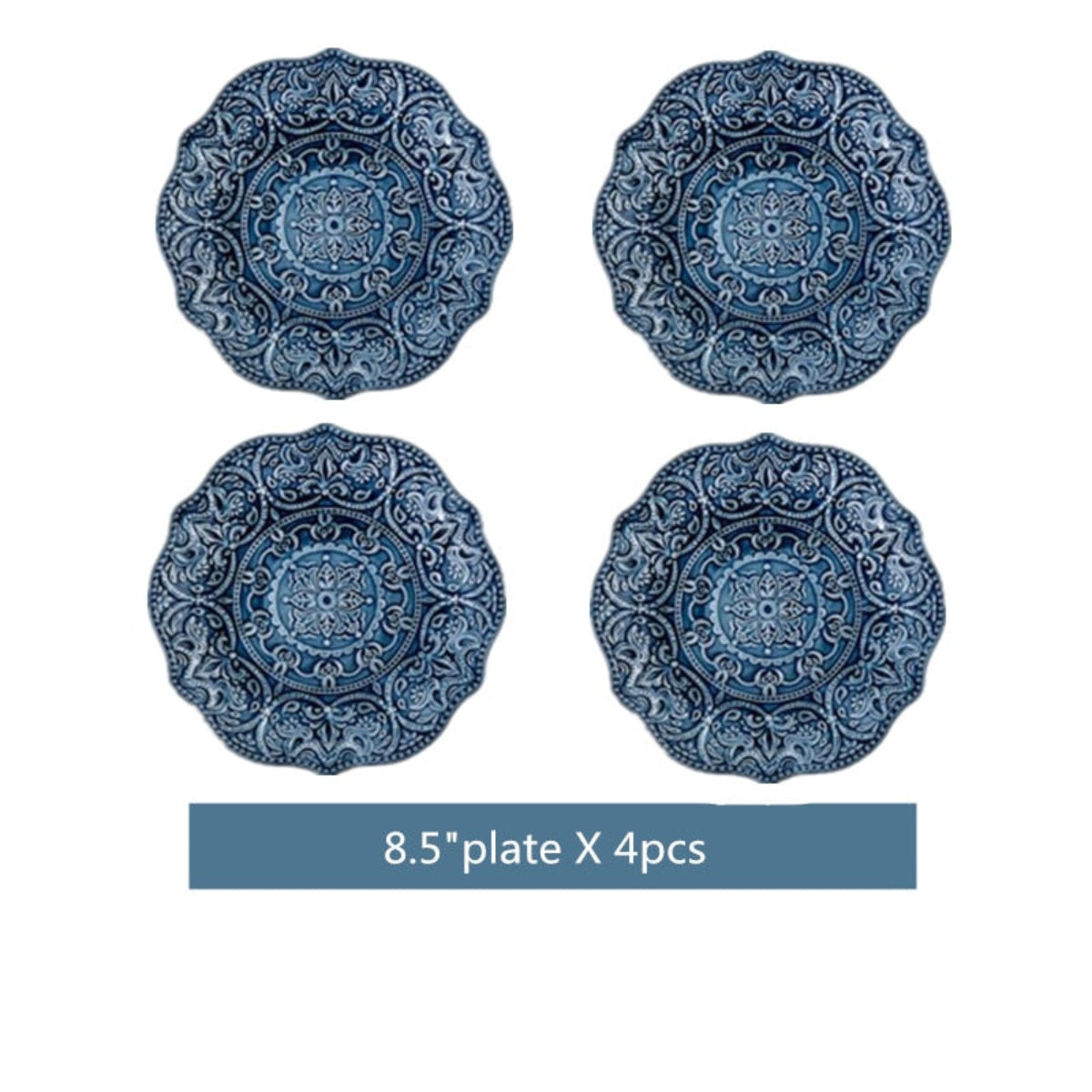 4-piece set of 8.5” Gratique flat plates with vintage baroque design – perfect for main or salad courses