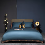 Blue satin duvet cover set in modern bedroom – 4-piece Egyptian cotton bedding by LINKORI

