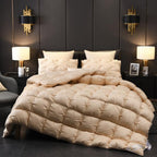 Luxurious beige goose down comforter on a modern bed – soft quilted texture with elegant bedroom lighting | LINKORI