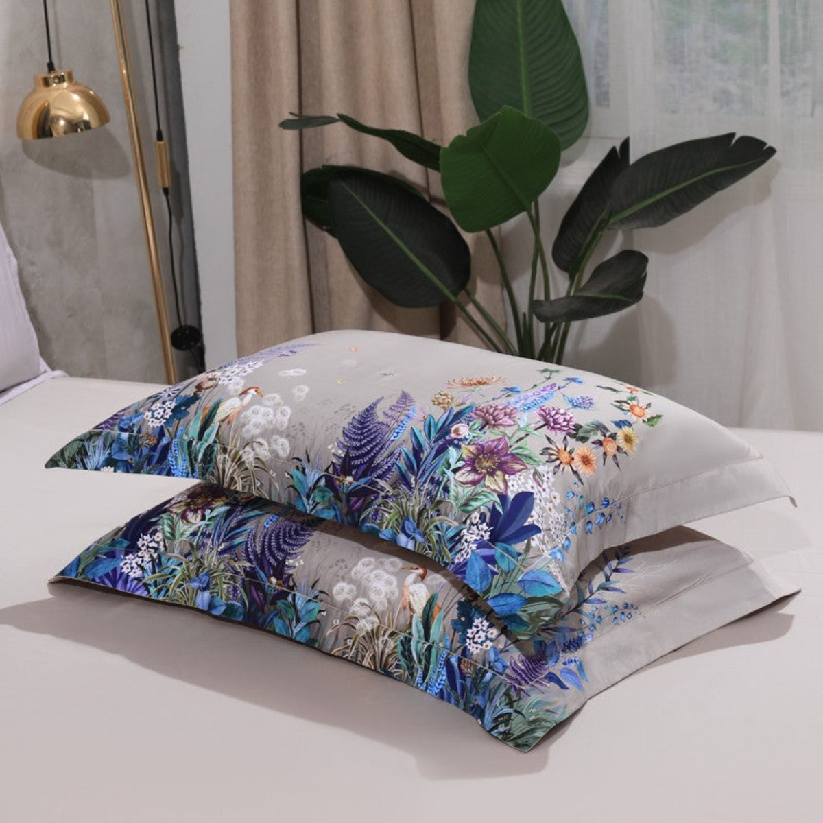 Two floral pillowcases on matching flat sheet – LINKORI Fliflowers warm gray bedding set closeup
