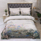 Oriental-inspired luxury bedding set with landscape and cherry blossom motifs – styled in serene grey tones | LINKORI Orientalic