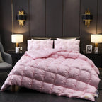 LINKORI Pink Goose Down Comforter on bed – modern romantic bedding with sculpted box quilting