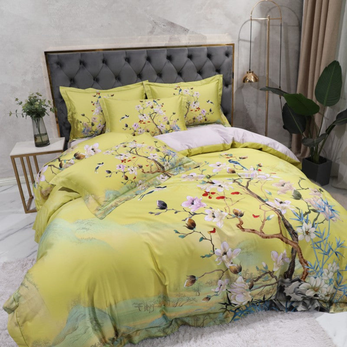 Artistic Floral Bedding with Yellow Tree Motif in Elegant Room – Egyptian Cotton 4-Piece Set | LINKORI