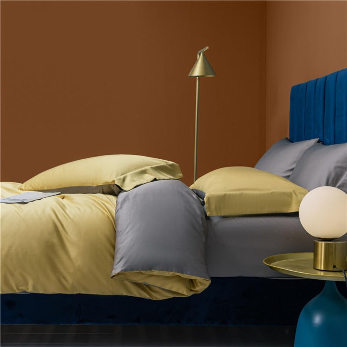 Close Side Angle of Yellow and Grey Reversible Duvet Cover – 100% Egyptian Cotton with Luxury Finish