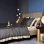 deep grey satin-finish Egyptian cotton duvet cover set with cream-gold embroidered trim elegant bedding styling | LINKORI Grey Satin