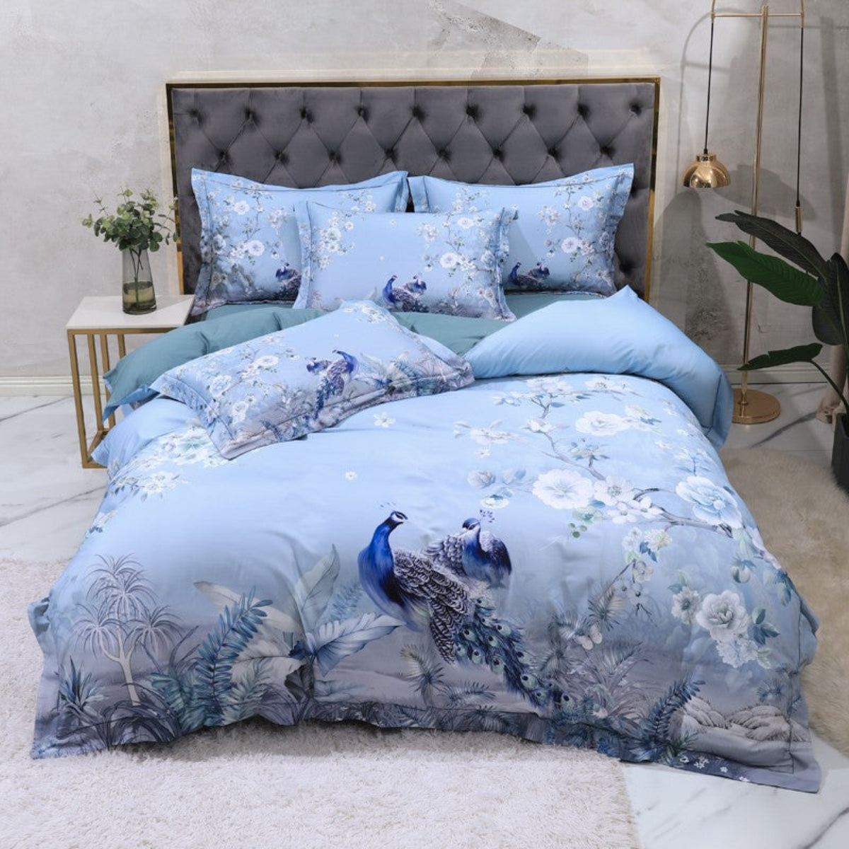 Complete 4-piece LINKORI Light Skyra bedding set – duvet cover, flat sheet, and two pillowcases styled together