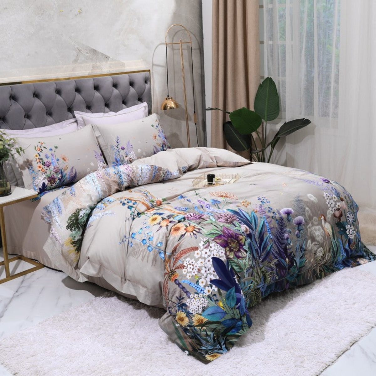 Second angled view of LINKORI Fliflowers bedding – serene botanical pattern on luxury Egyptian cotton
