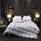 White quilted goose down comforter in elegant bedroom – minimalist luxury bedding with hotel-quality comfort