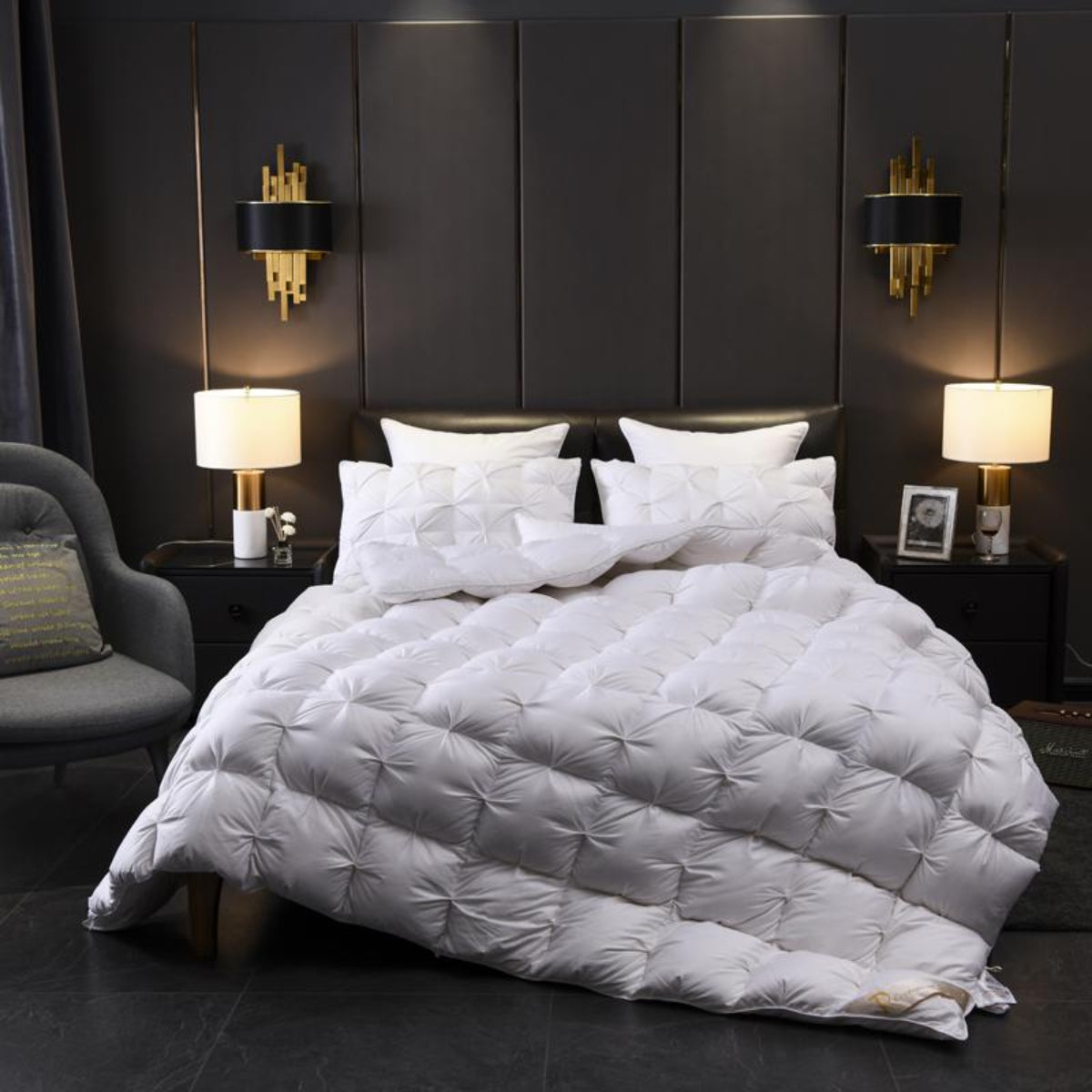 White quilted goose down comforter in elegant bedroom – minimalist luxury bedding with hotel-quality comfort