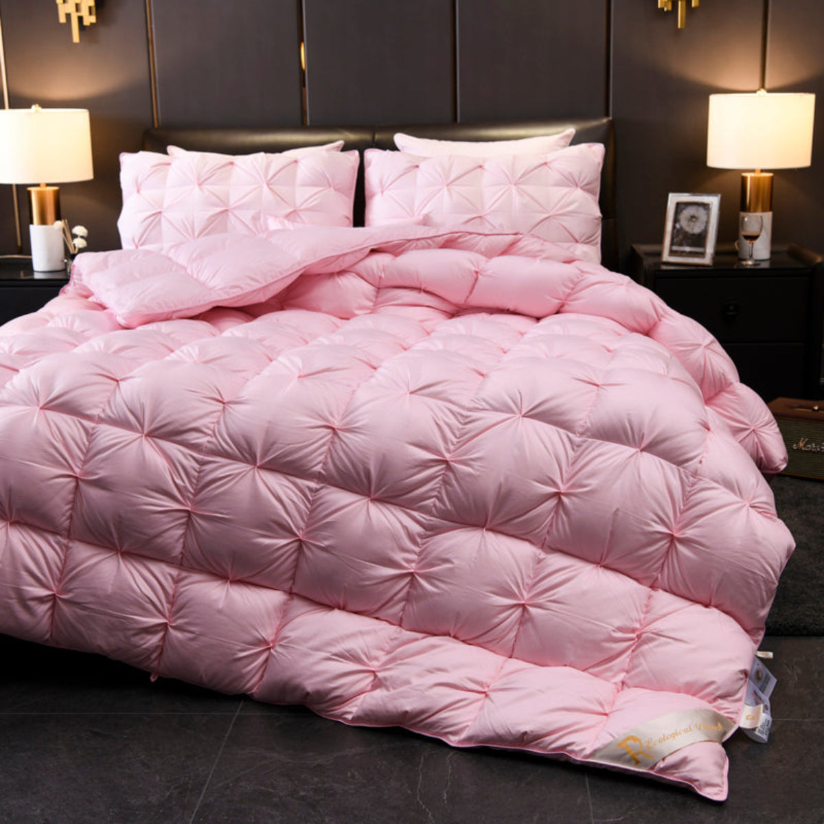 Pink goose down bedding – detailed box-stitch tufting and soft cotton shell