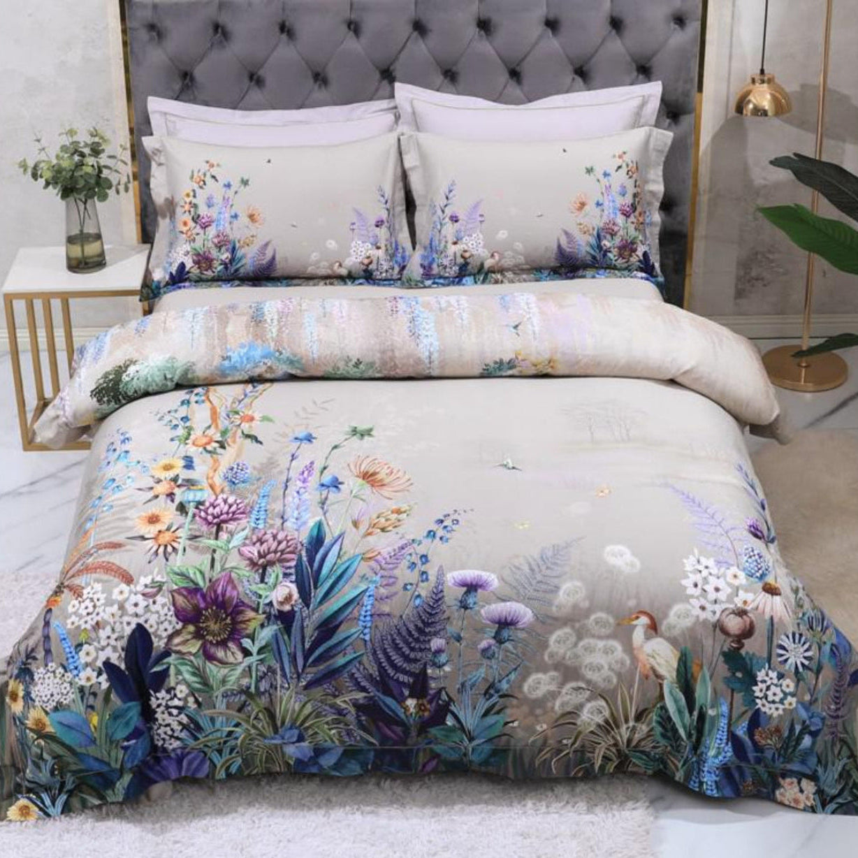 Full view of LINKORI Fliflowers 4-piece duvet cover set – botanical floral print on warm gray Egyptian cotton bedding
