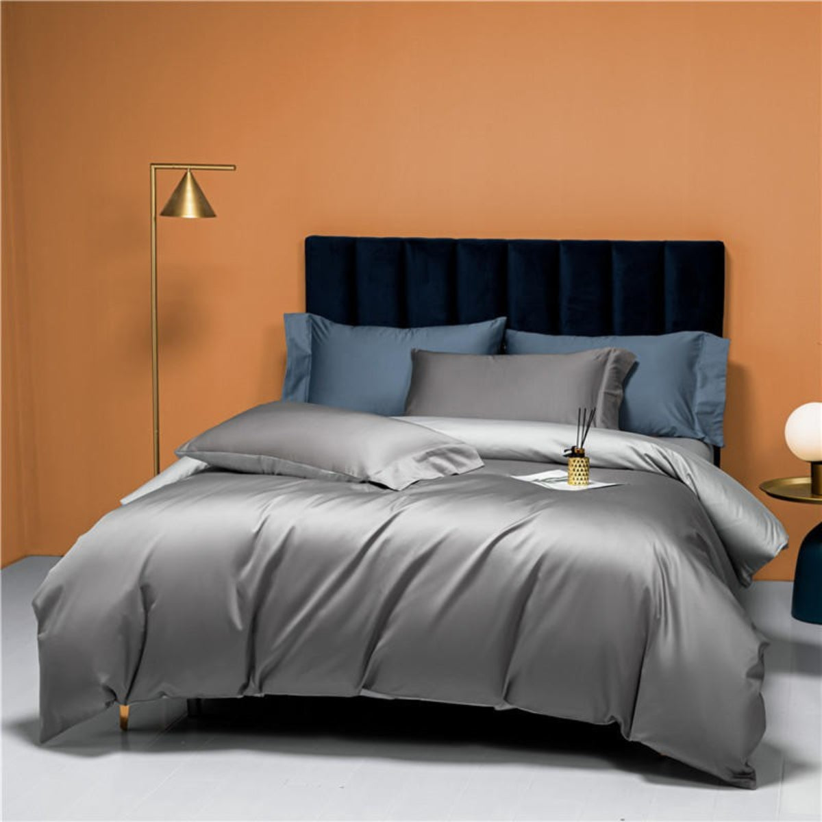 grey reversible duvet cover set 4-piece Egyptian cotton bedding styled in modern luxury room | LINKORI Neslla Grey