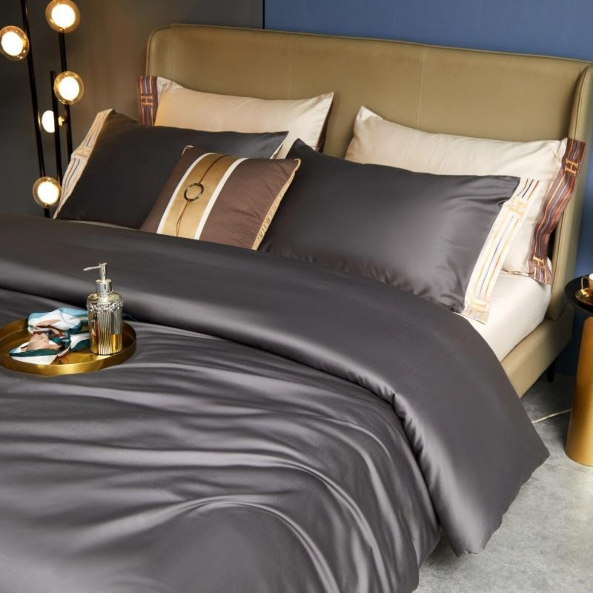 deep grey satin-finish 4-piece Egyptian cotton bedding with cream-gold border and matching flat sheet styled in modern bedroom interior | LINKORI Grey Satin side view