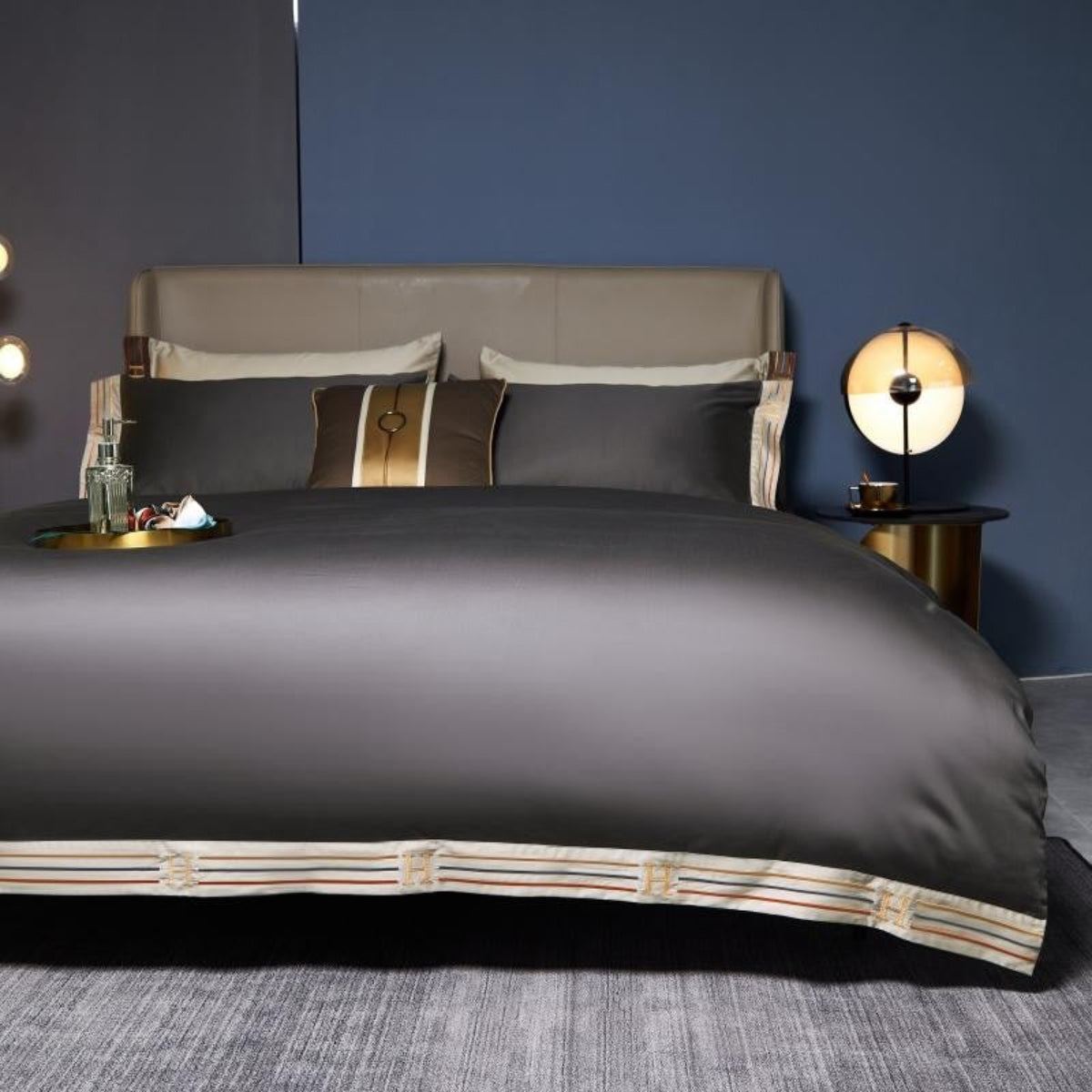 grey satin-finish duvet cover set with cream-gold trim in modern interior, detail focus on border design | LINKORI Grey Satin