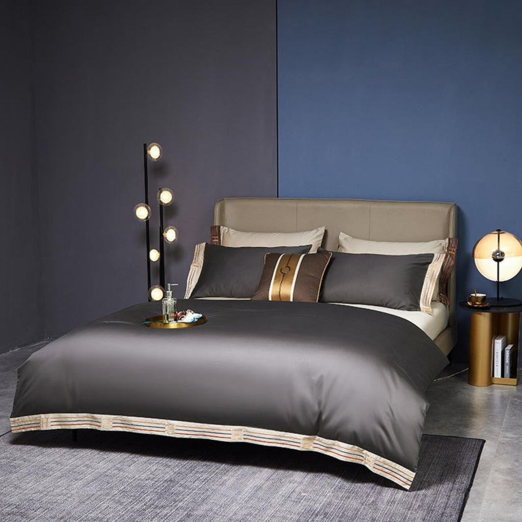 deep grey satin-finish Egyptian cotton duvet cover 4-piece set styled in contemporary bedroom interior | LINKORI Grey Satin