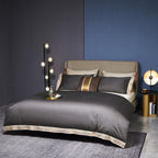 deep grey satin-finish Egyptian cotton duvet cover 4-piece set styled in contemporary bedroom interior | LINKORI Grey Satin