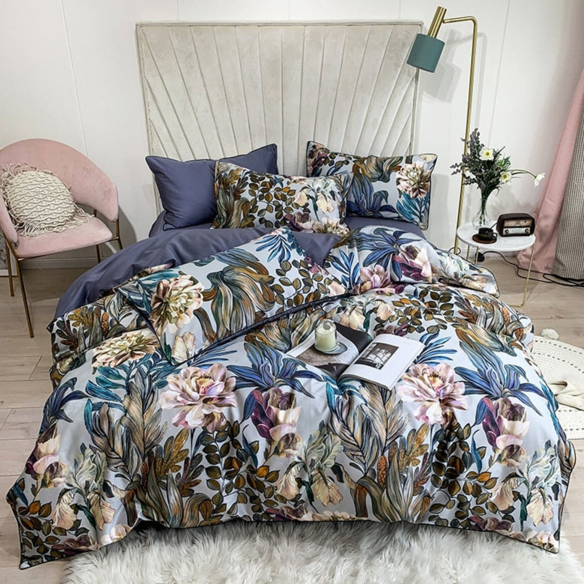  Full view of LINKORI Mazorika botanical duvet cover set styled in a soft luxury bedroom, featuring large floral patterns on silky Egyptian cotton.