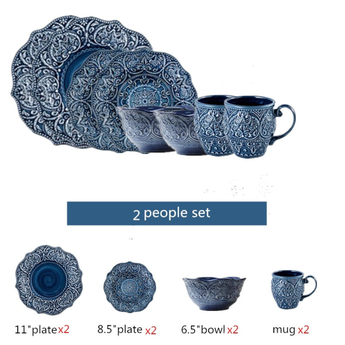 Gratique dinnerware set for 2 – includes 2 mugs, bowls, and patterned ceramic plates in deep indigo