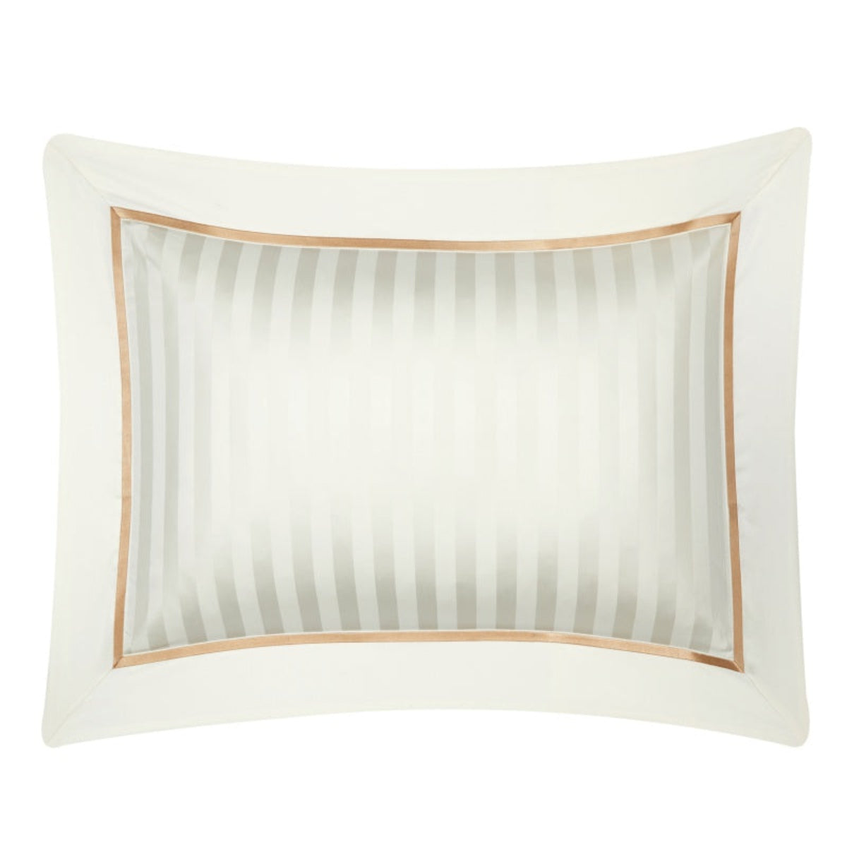 Zoomed-in view of matching beige pillowcases with subtle stripes and gold border, highlighting the clean lines and refined construction.