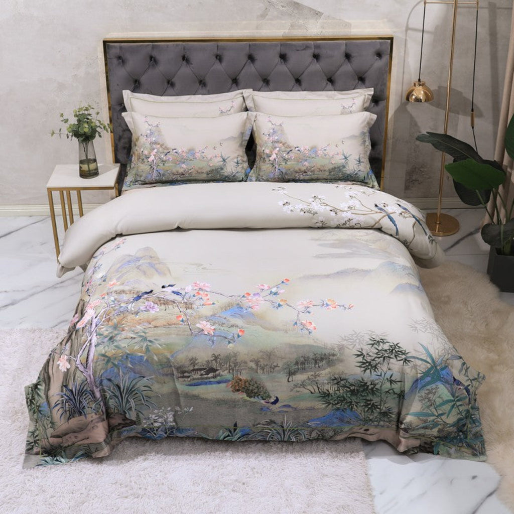Front view of Asian-inspired duvet set with hand-painted landscape motifs – 4-piece bedding | LINKORI Orientalic