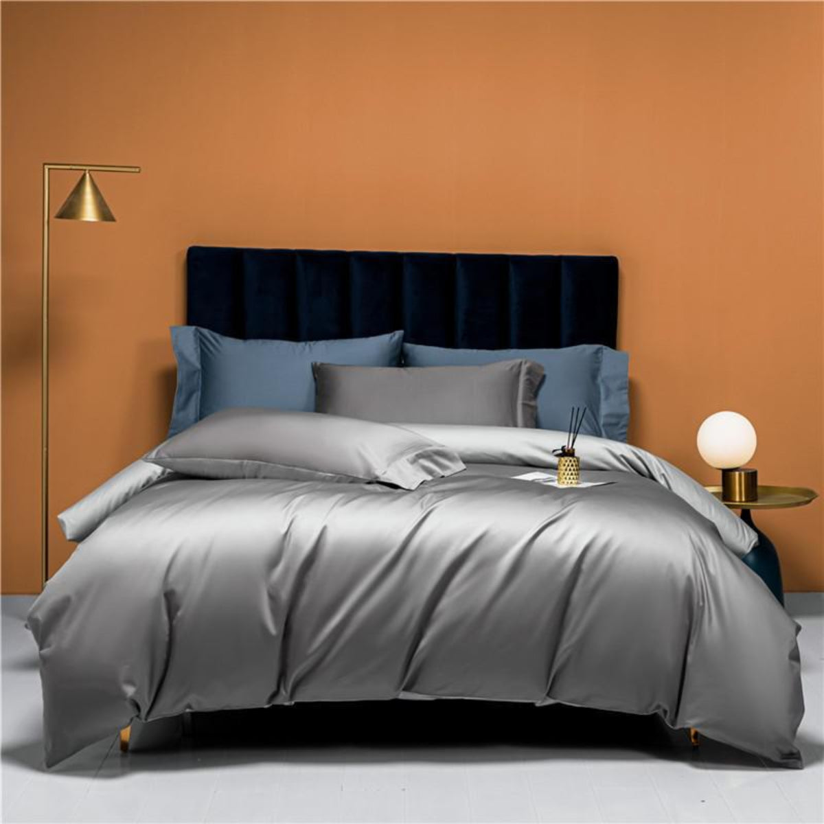 dual-tone grey reversible Egyptian cotton duvet cover set 4-piece luxury bedding in modern luxury bedroom | LINKORI Neslla Grey full view