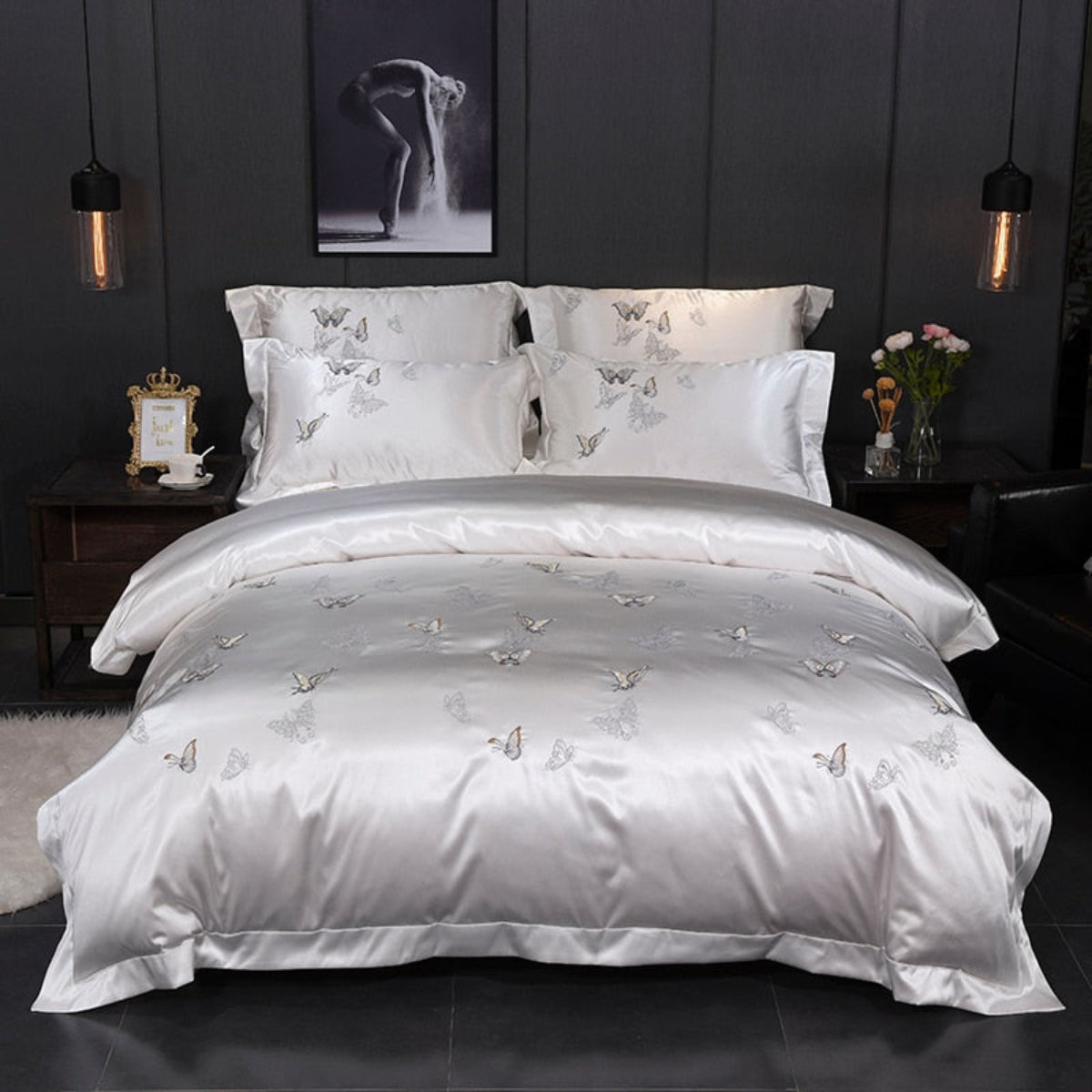 Elegant full front view of the LINKORI Silvely Butterfly duvet cover set with butterfly embroidery in a modern luxury bedroom.