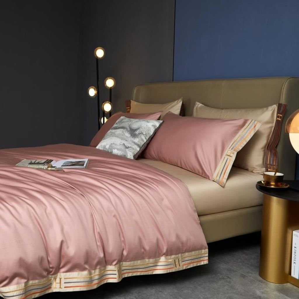 Luxury Pink satin bedding – soft sheen, piped pillows, and subtle blush texture | LINKORI, side shot