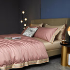 Luxury Pink satin bedding – soft sheen, piped pillows, and subtle blush texture | LINKORI, side shot