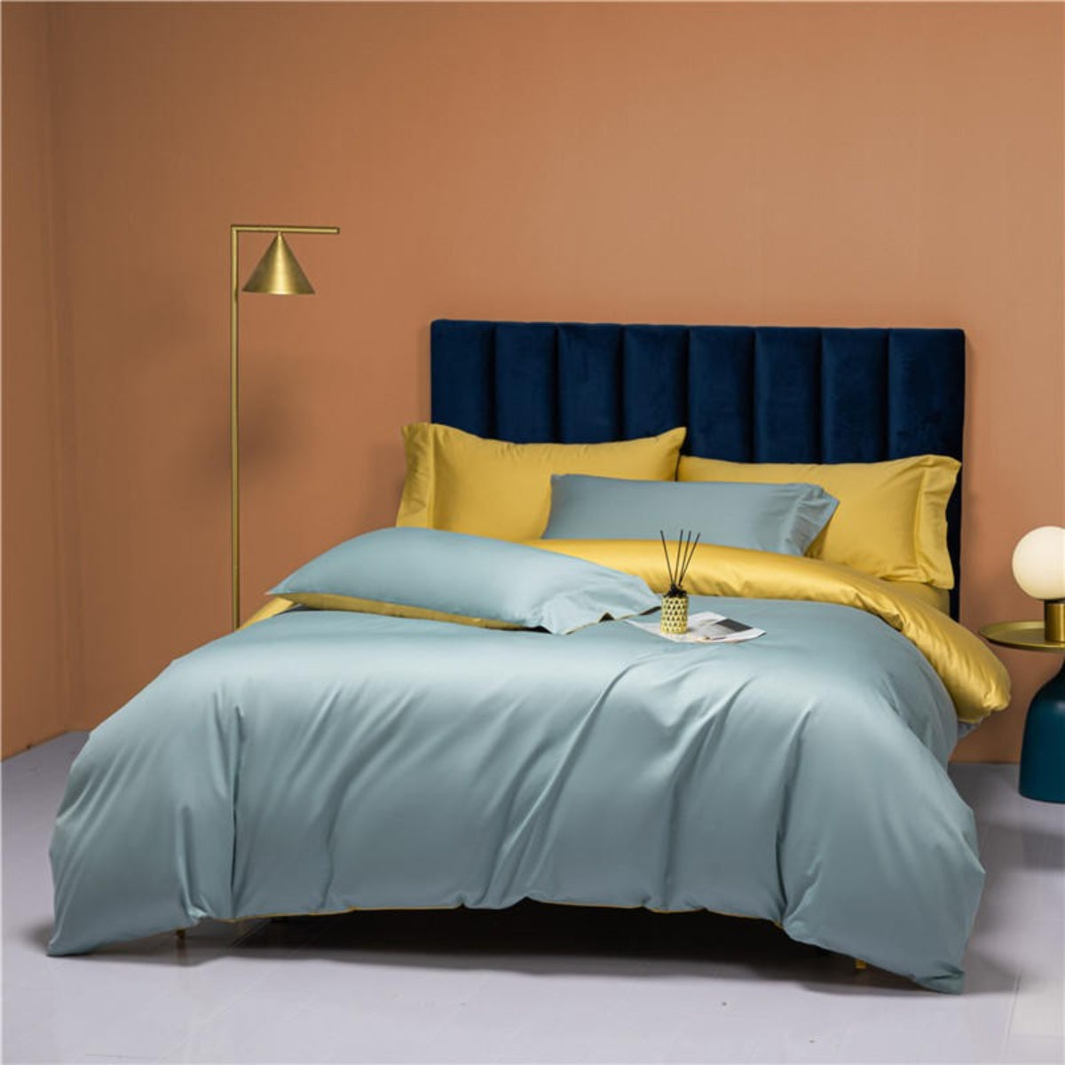 Angle View of Reversible Blue and Yellow Duvet Cover Set – Modern Bedroom Interior with Colorful Bedding | LINKORI