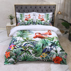 Front view of 4-piece LINKORI Wilife Egyptian cotton bedding set featuring vibrant flamingo and botanical design with beige contrast interior