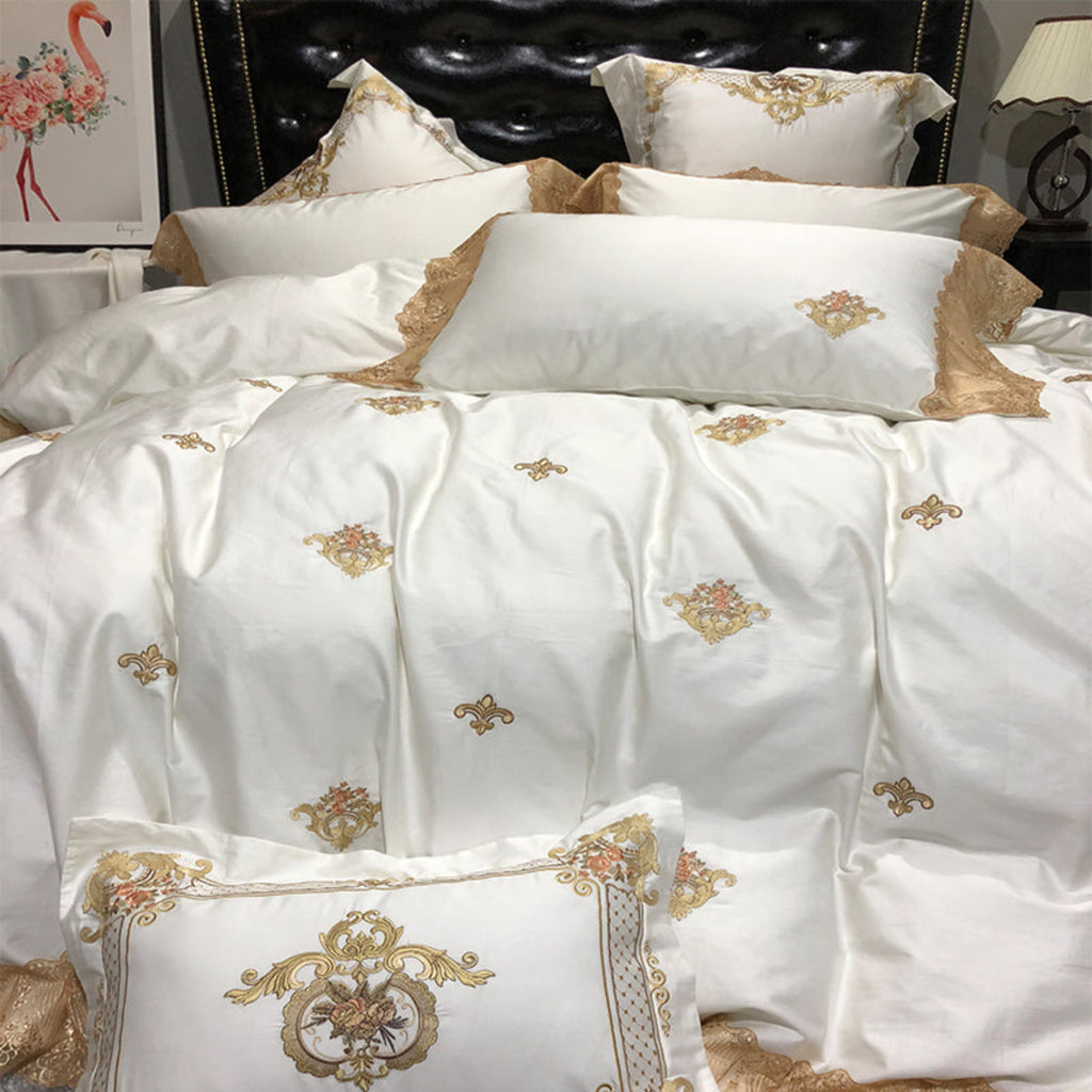 Angled side view of LINKORI Stonge Royal 7-piece bedding set with detailed gold embroidery on duvet and pillows