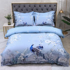 Full view of LINKORI Light Skyra bedding – light blue peacock and botanical duvet cover on serene bed