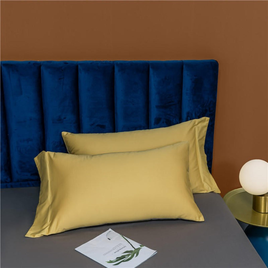Yellow Side of Reversible Pillowcases on Grey Flat Sheet – LINKORI Neslla Egyptian Cotton Bedding