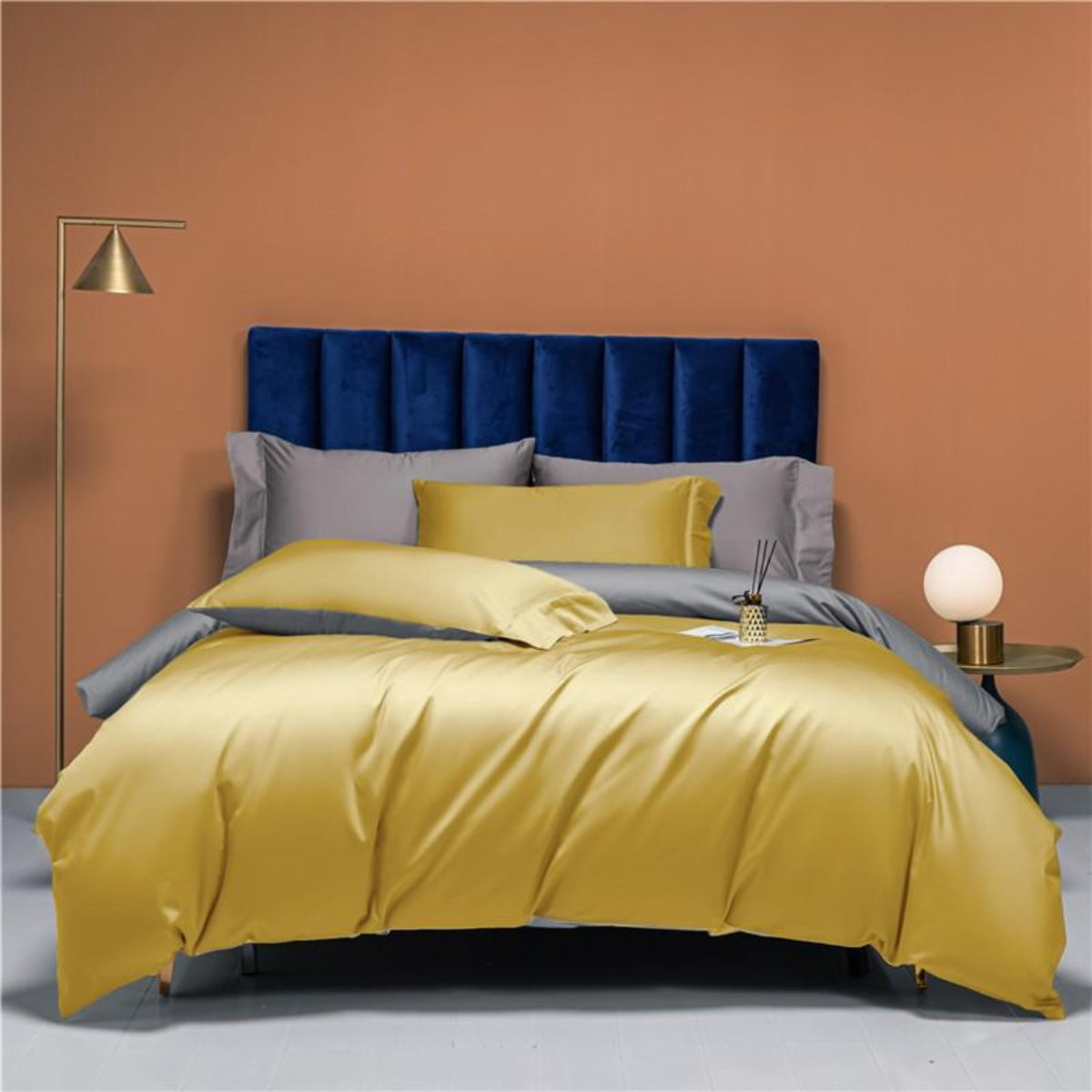 Neslla Yellow Grey Reversible Duvet Cover Set – 100% Egyptian Cotton, Ultra-Soft & Breathable (4-Piece Set) + FREE Gift! - LINKORI