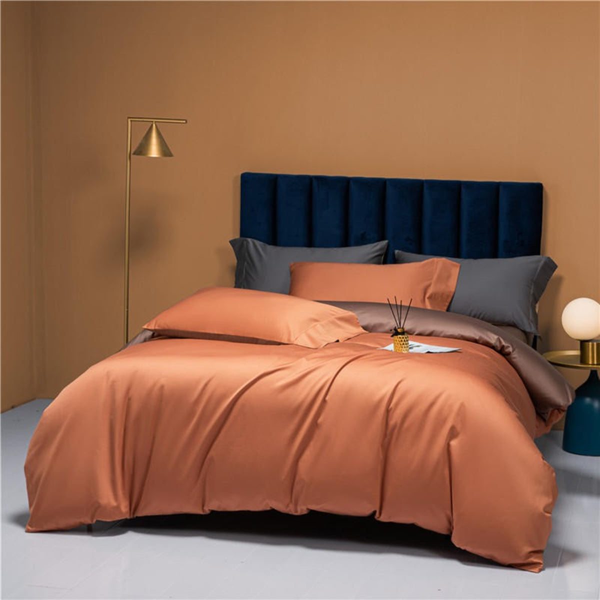 Bold Color Bedroom with Dual-Tone Orange and Brown Reversible Bedding Set – Designer Luxury Duvet Cover for Statement Interiors