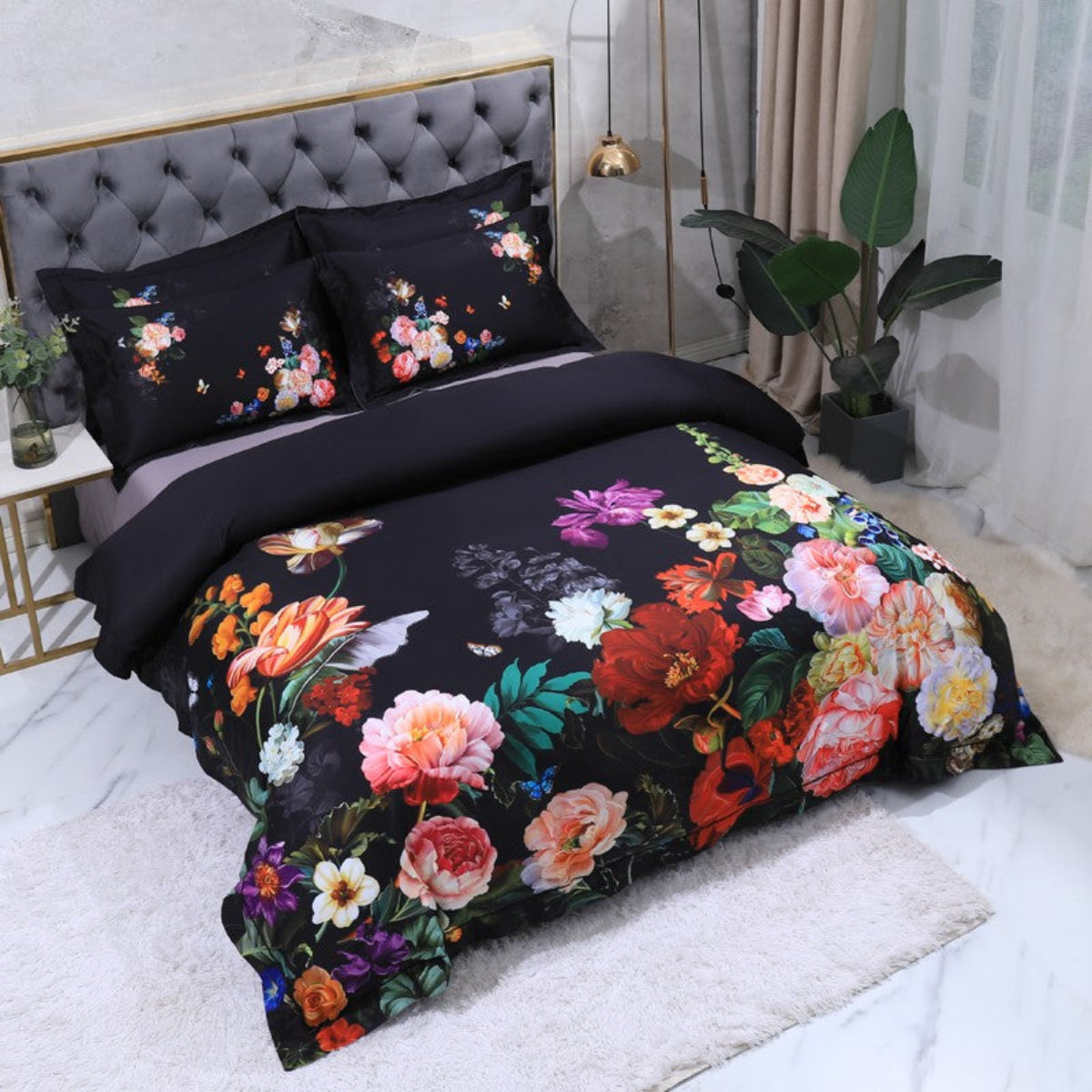 Artistic angle of LINKORI floral bedding set highlighting contrast between dark base and vivid flowers in full room styling.