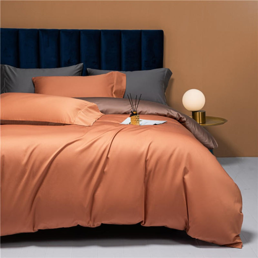 Full View of Orange and Brown Reversible Duvet Cover Set – 100% Egyptian Cotton Modern Luxury Bedding for Contemporary Bedrooms