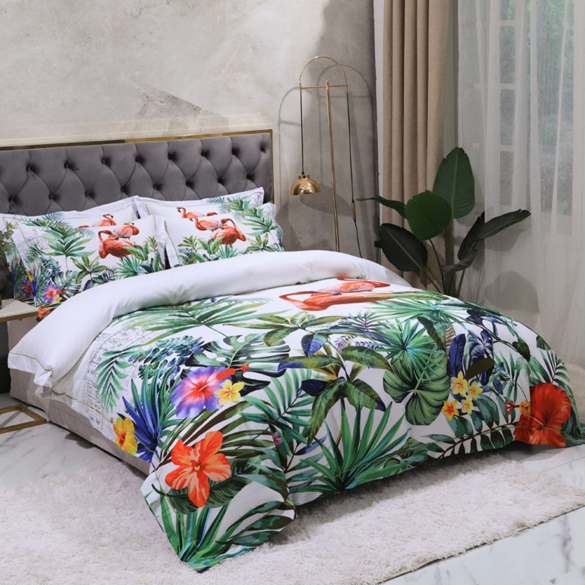 Side display of LINKORI Wilife bedding on tufted bed — features beige lining, tropical greenery print, and exotic bird accents