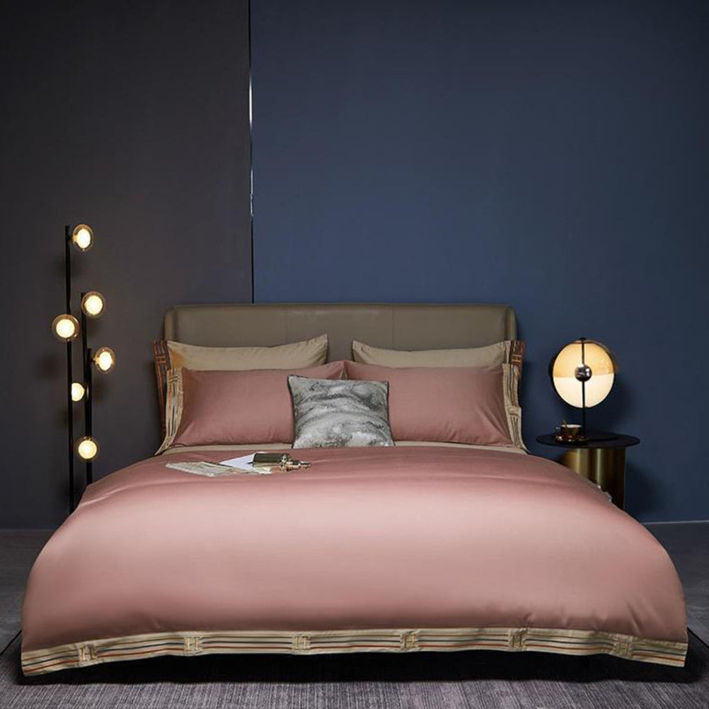Muted pink satin duvet cover with beige contrast – 600TC Egyptian cotton bedding set with piped edges and silky finish | LINKORI, full bedding view