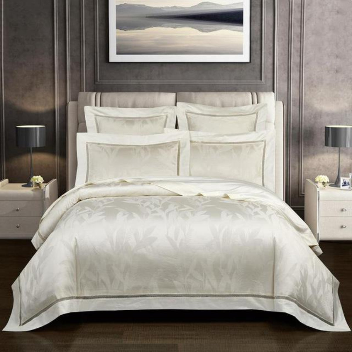 Minimalist ivory Egyptian cotton bedding full set with 800-thread count — LINKORI Lilela bed styling in a serene, neutral bedroom.