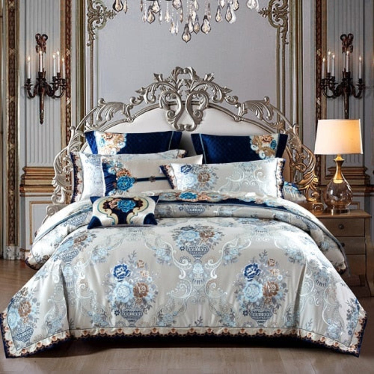 Silk Satin Cotton Duvet Cover Set – Blue Floral Baroque 4/6/10-Piece Bedding | LINKORI Highclatan

