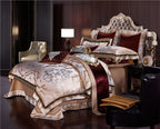 Side angle view of LINKORI Specto bed set – golden tones, thick bedspread, and castlecore silhouette