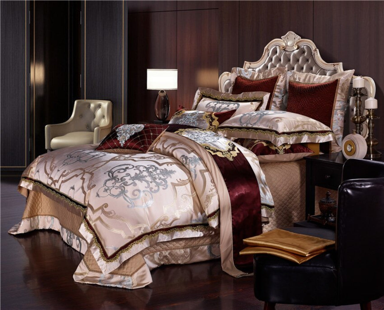 Side angle view of LINKORI Specto bed set – golden tones, thick bedspread, and castlecore silhouette