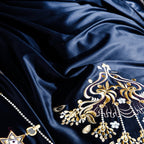 Macro view of tribute silk embroidery on LINKORI Slivel S. duvet – rich detailing in jewel tones and gold thread