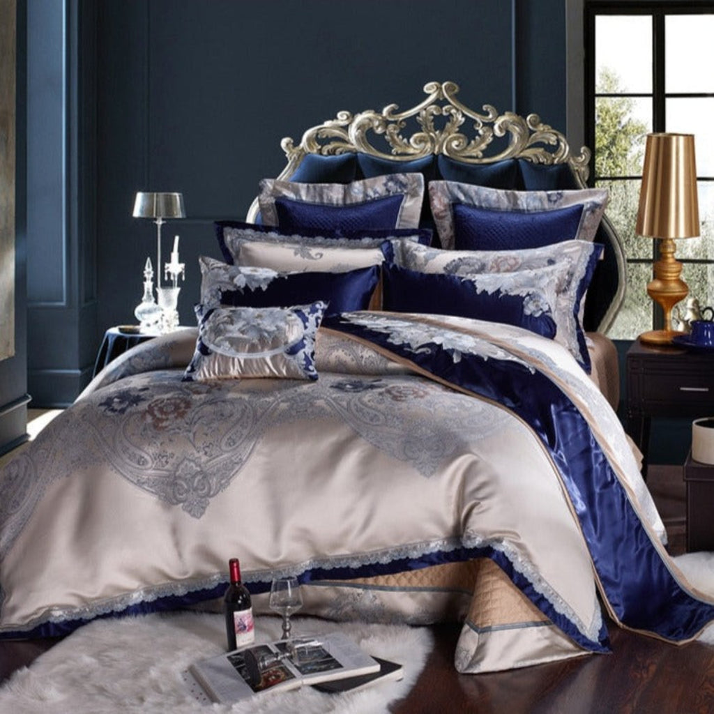 Luxurious blue and beige embroidered silk cotton duvet cover set fully styled in a royal bedroom – LINKORI Stopiak